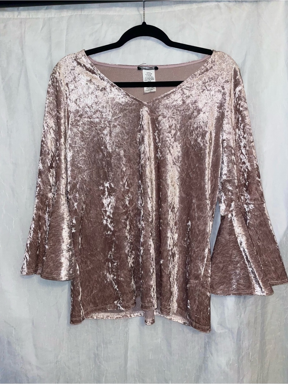 MSK Crushed Velvet Bell Sleeve Top Size XL Mauve Pink V-Neck Shimmer Blouse